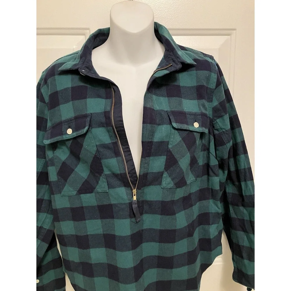 J Crew Women's Size S Plaid Green‎ Half Zip Lumberjack Flannel Long Sleeve Shirt